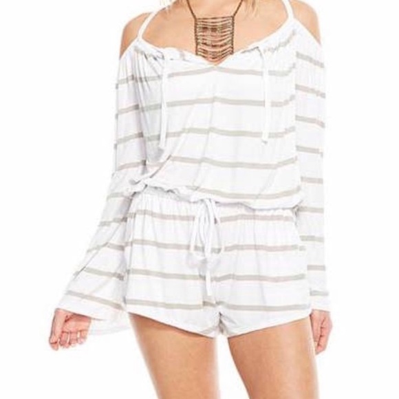 Chaser Cold Shoulder Bell Sleeve Stripe Romper - Picture 1 of 4
